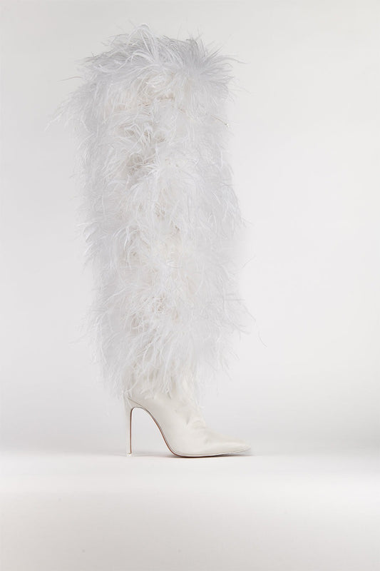 The New Arrivals by Ilkyaz Ozel Over The Knee Boot 110 in White ostrich feather heel shoe