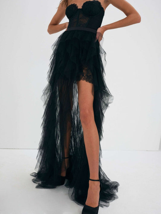 For Love & Lemons X REVOLVE Bustier Gown in Black corset lace strapless train