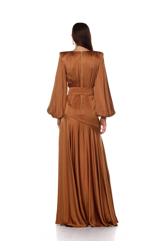 Bronx and Banco Carmen Copper Maxi Dress long sleeve bronze rust bell sleeve