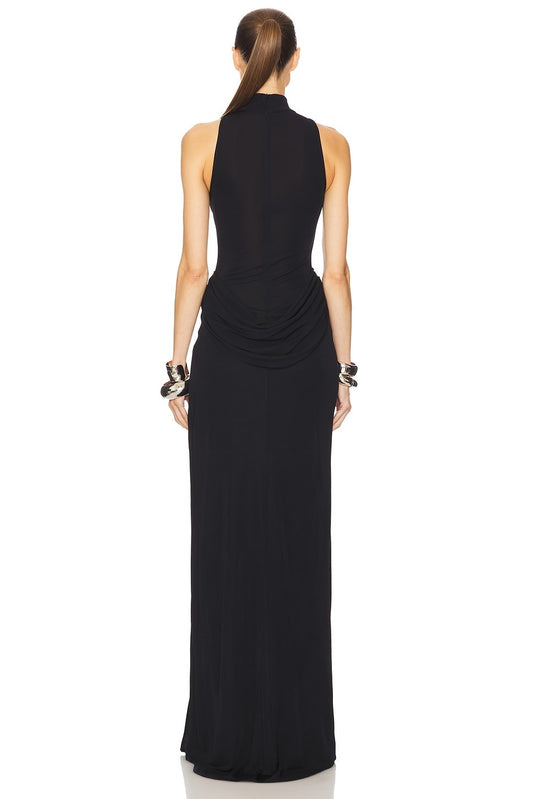 Helsa The Ophelia Dress in Black maxi split hem sleeveless high neck draped gown