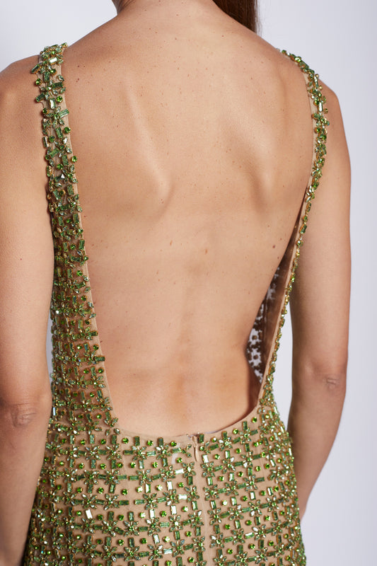 LA FUORI Claudia Green Crystal Mini Dress in Nude green rhinestone embellished