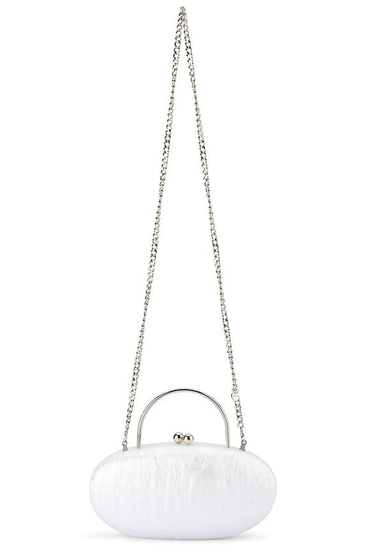 olga berg Imelda Top Handle Bag in White pearl oval hard case clutch shoulder