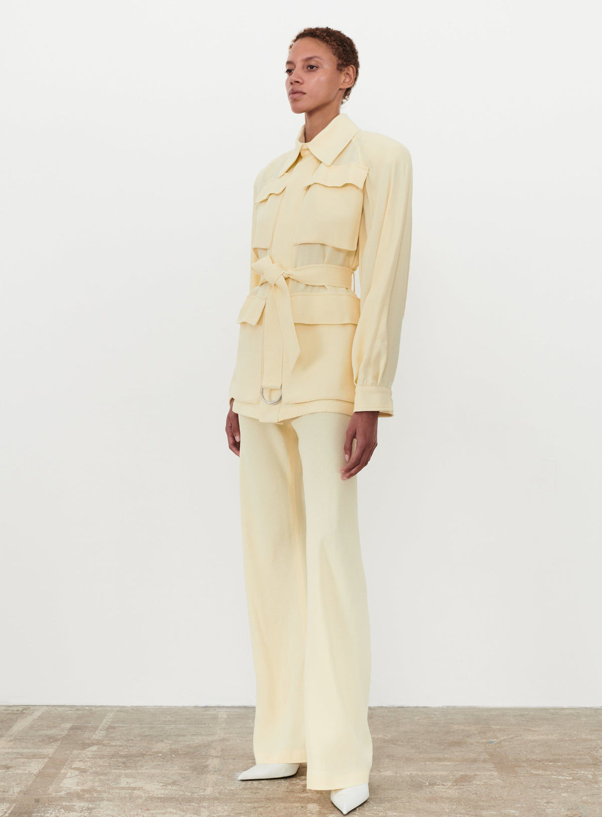 WARDROBE.NYC Crepe Safari Jacket in Butter yellow blazer coat with belt