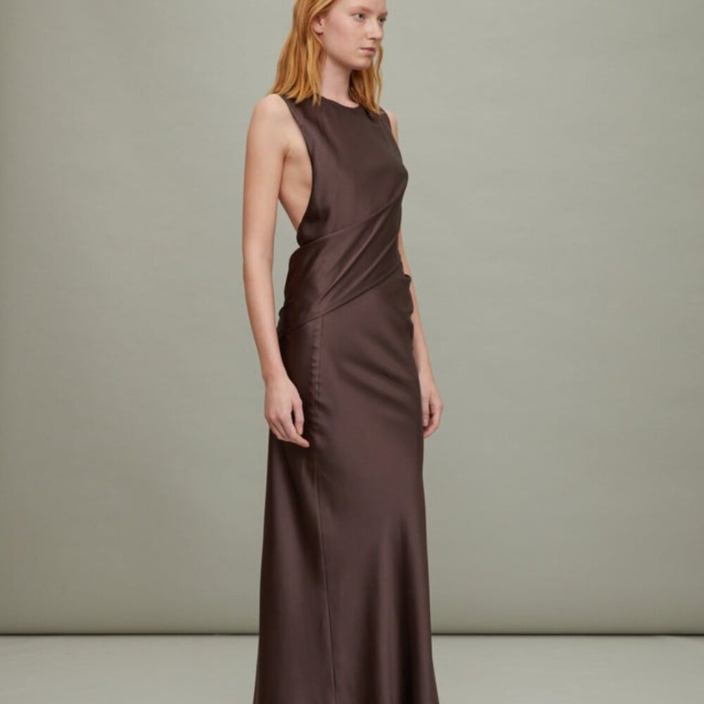TOVE Anwen Dress in Mink brown silk maxi FRWD sleeveless backless
