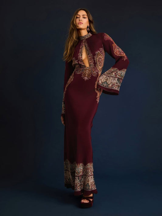HEMANT AND NANDITA Long Dress in Burgundy red floral long sleeve maxi gown
