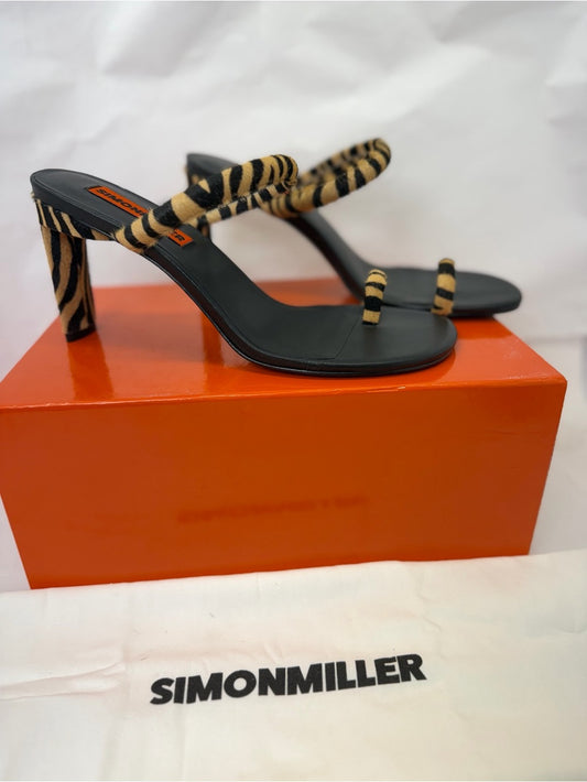 SIMONMILLER Pipe Heel in Brown Zebra cowhide fur open toe high heel slipper