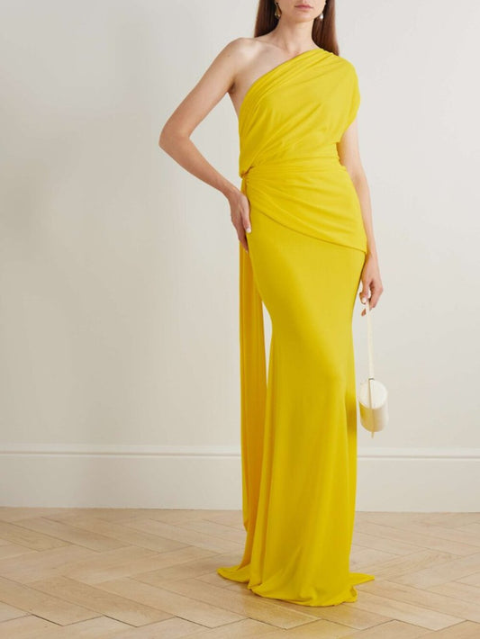 Alex Perry One Shoulder Drape Gown in Yellow ruched maxi dress