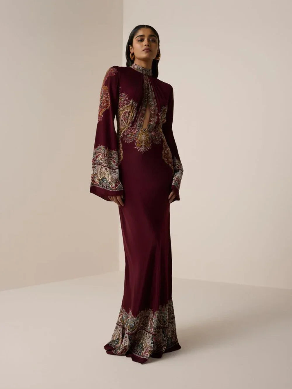 HEMANT AND NANDITA Long Dress in Burgundy red floral long sleeve maxi gown