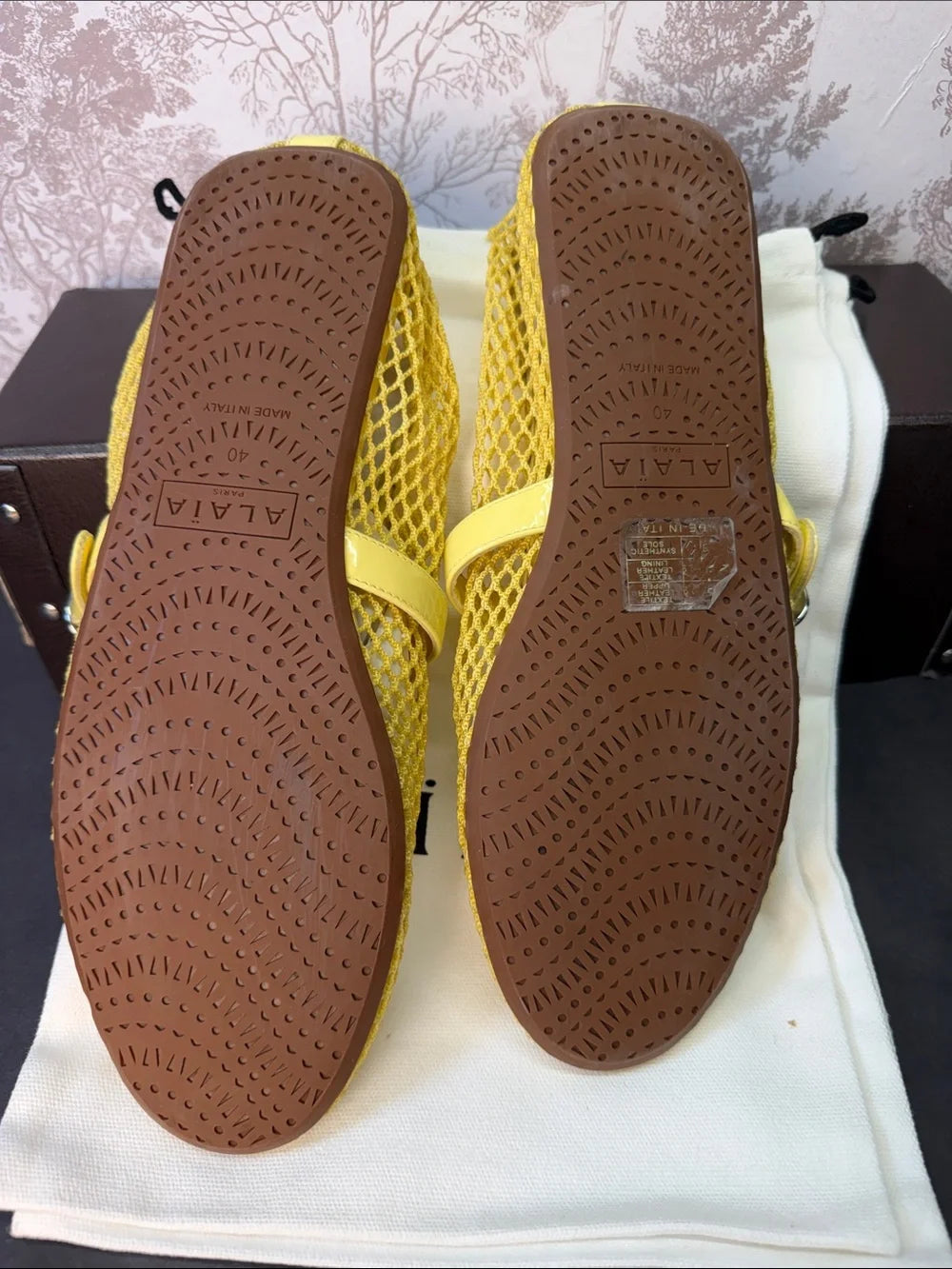ALAIA Ballet Flat in Jaune Citron yellow fishnet mesh buckle slipper