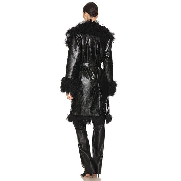 OW Collection Freya Faux Fur Coat in Black Caviar shearling jacket