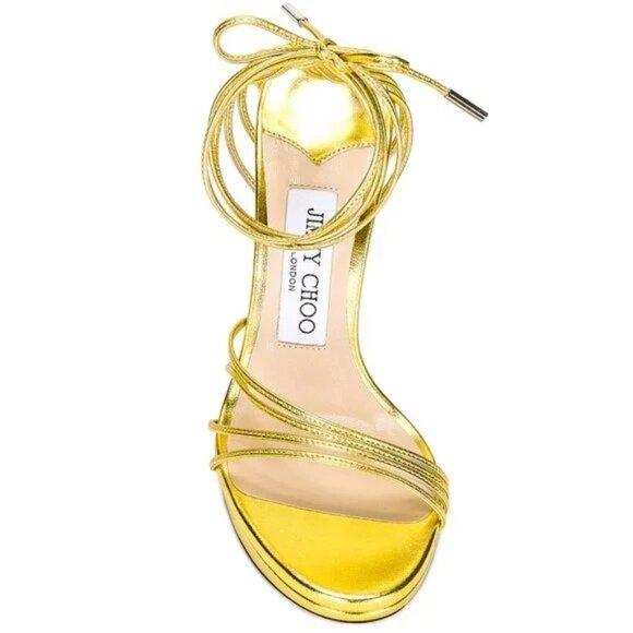 Jimmy Choo Anita 120 Metallic Leather Heel in Acid Yellow gold high heel sandal