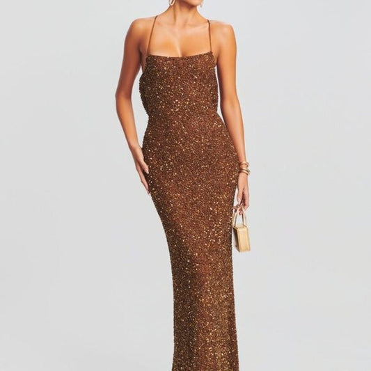 Retrofete Alice Dress in Amber Brown sequin maxi gown backless