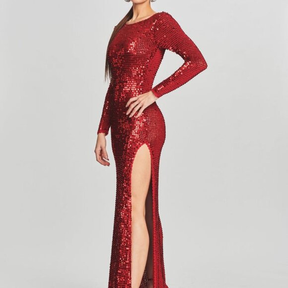 Retrofete Alexa Dress in Red sequins long sleeve backless maxi mesh fishnet