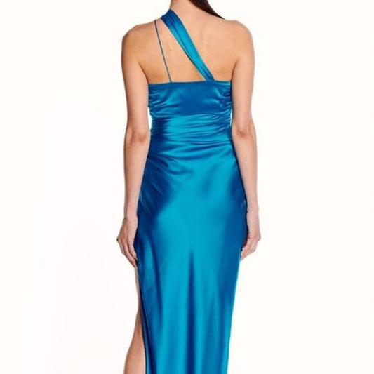 The Sei Asymmetrical Bandeau Gown in Ocean Size 4 blue silk maxi cutout split hem leg