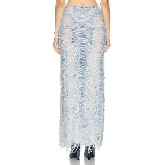 Diesel Fiammetta Skirt in Ocean blue white fringe distressed