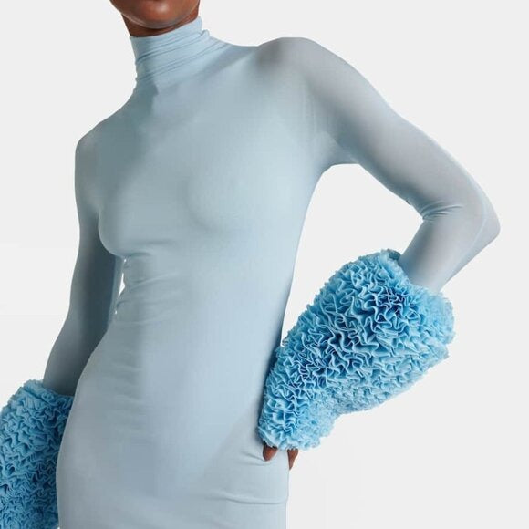 Alaia Ruffle Dress in Ciel blue long sleeve maxi jersey bodycon
