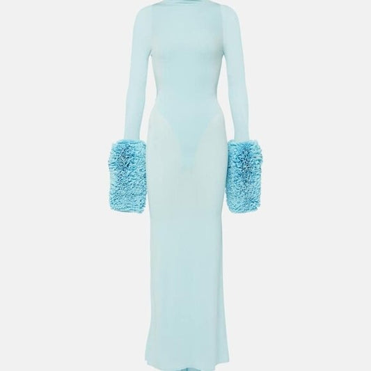 Alaia Ruffle Dress in Ciel blue long sleeve maxi jersey bodycon