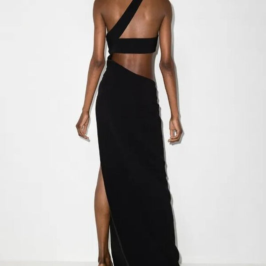MONOT Cutout One Shoulder Maxi Dress in Black assymetrical gown formal
