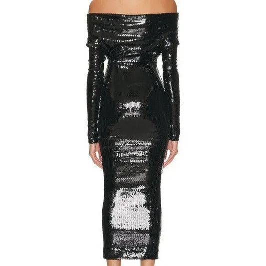 Alexandre Vauthier Couture Edit Dress in Black shiny sequins off shoulder