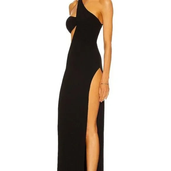 MONOT Cutout One Shoulder Maxi Dress in Black assymetrical gown formal