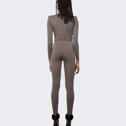 Saint Laurent Long Sleeve Jumpsuit V-Neck Catsuit Taupe Gray Wool YSL