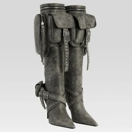 retrofete Yasmine Boot in Vintage Black knee high heeled pockets