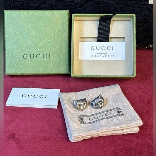 AUTHENTIC GUCCI enamel Garden Cat feline tiger earrings silver studs