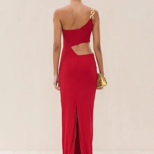 Cult Gaia Cobi Gown in Merlot red asymmetrical cutout maxi dress ruched