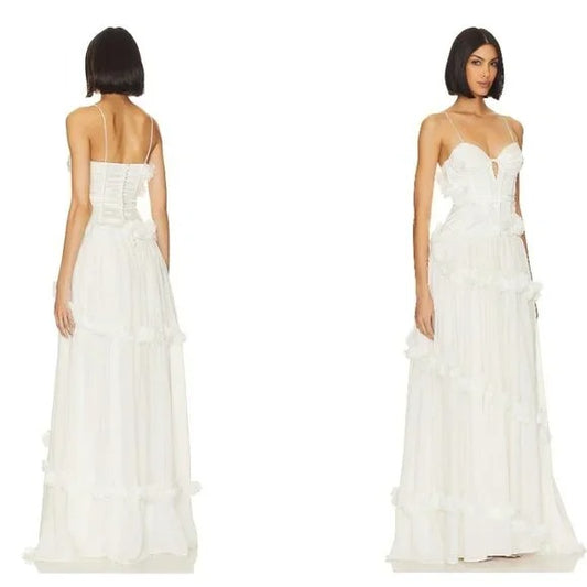 For Love & Lemons Olivia Gown in White wedding maxi flowy ruffle draped dress