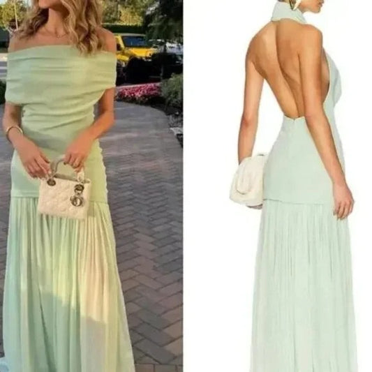 Helsa The Gallery Dress in Mint green off shoulder flowy maxi gown