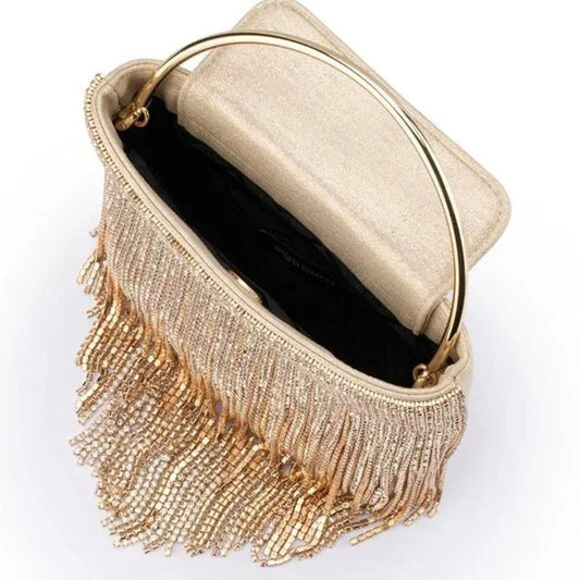 olga berg Adina Crystal Fringe Bag in Champagne rhinestone clutch shoulder purse