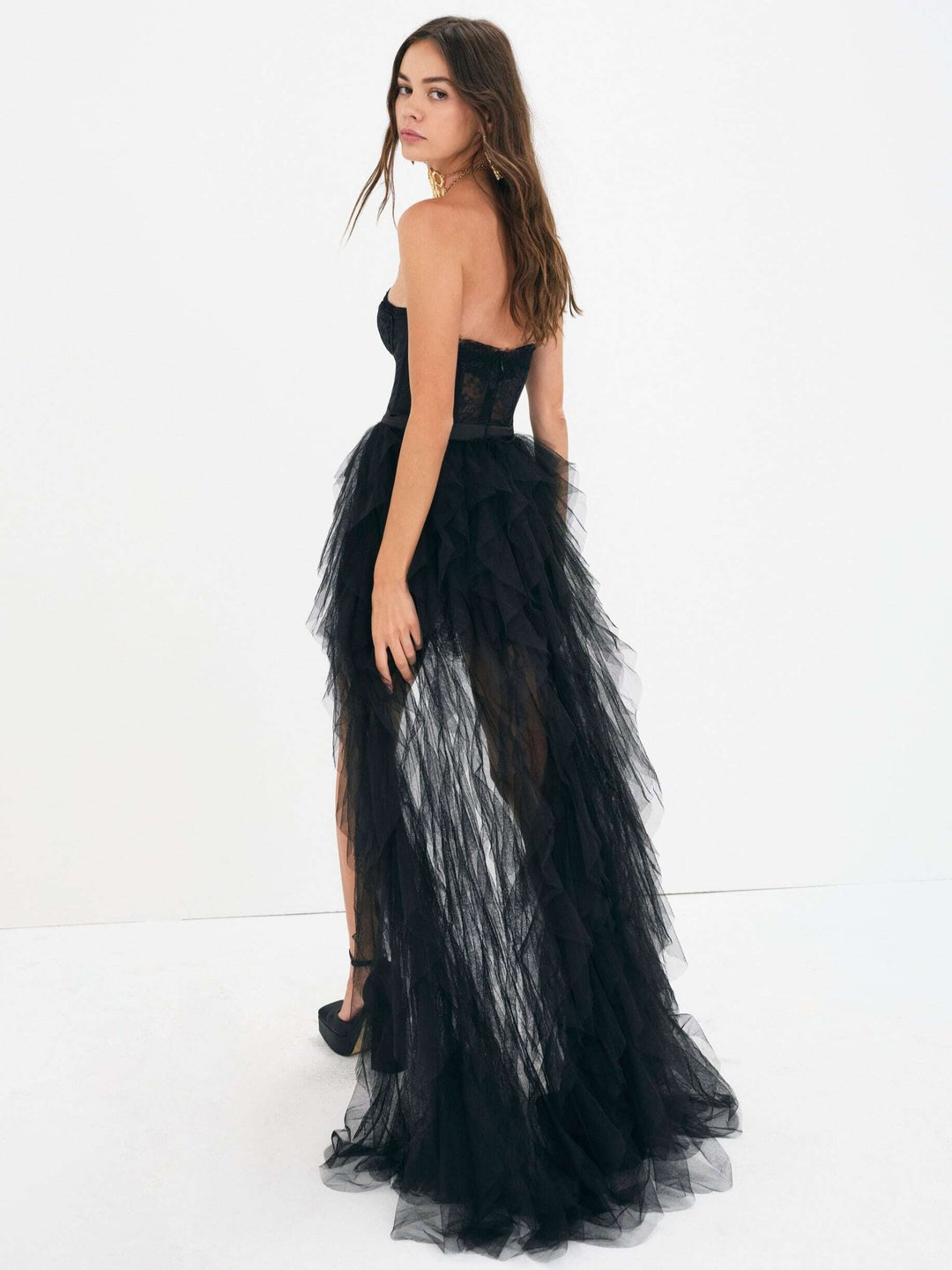 For Love & Lemons X REVOLVE Bustier Gown in Black corset lace strapless train