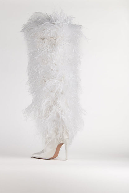 The New Arrivals by Ilkyaz Ozel Over The Knee Boot 110 in White ostrich feather heel shoe