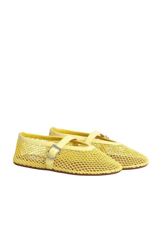 ALAIA Ballet Flat in Jaune Citron yellow fishnet mesh buckle slipper