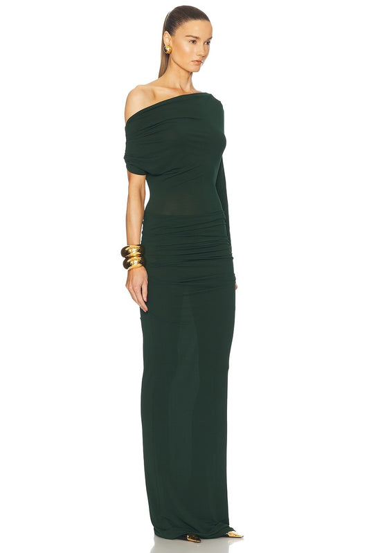 Alex Perry Asymmetric Draped Jersey Maxi Dress in Forest Green off shoulder