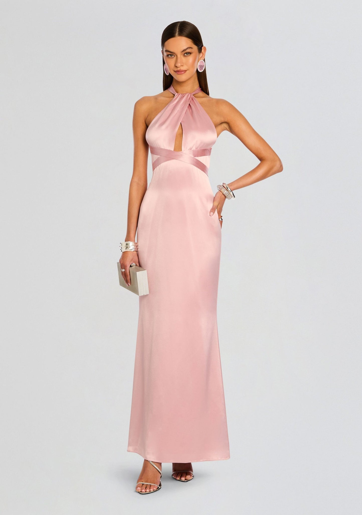 Retrofete Magnolia Dress in Primrose pink silk backless maxi formal gown
