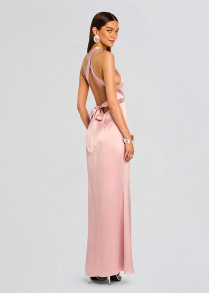 Retrofete Magnolia Dress in Primrose pink silk backless maxi formal gown