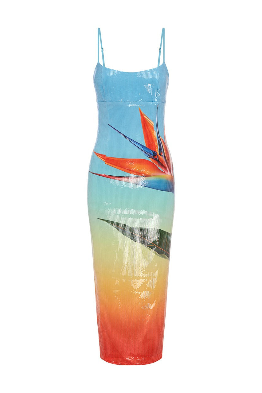 Runaway The Label Kyra Midi Dress in Paradise Ombre sequins floral sunset