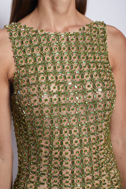 LA FUORI Claudia Green Crystal Mini Dress in Nude green rhinestone embellished