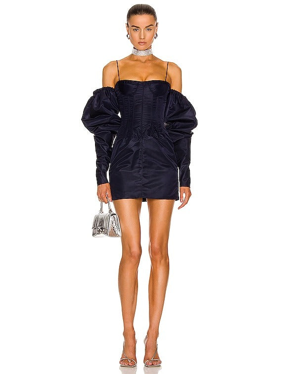 LaQuan Smith Puff Sleeve Mini Dress in Navy corset off shoulder puff sleeve