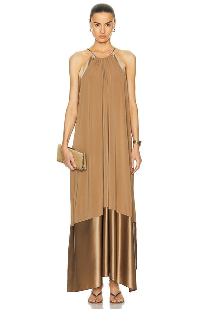 Max Mara Samaria Dress in Clay maxi silk gold flowy metallic bronze