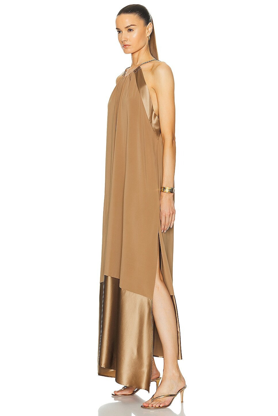 Max Mara Samaria Dress in Clay maxi silk gold flowy metallic bronze