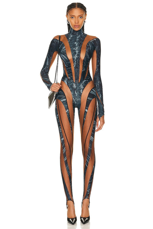 Mugler Long Sleeve Jumpsuit in Warped Snake Black & Nude