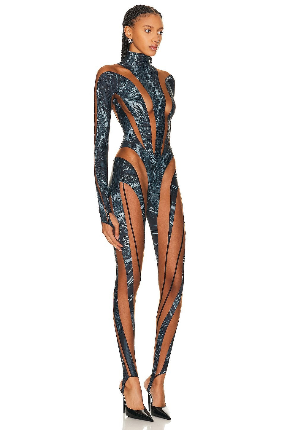 Mugler Long Sleeve Jumpsuit in Warped Snake Black & Nude