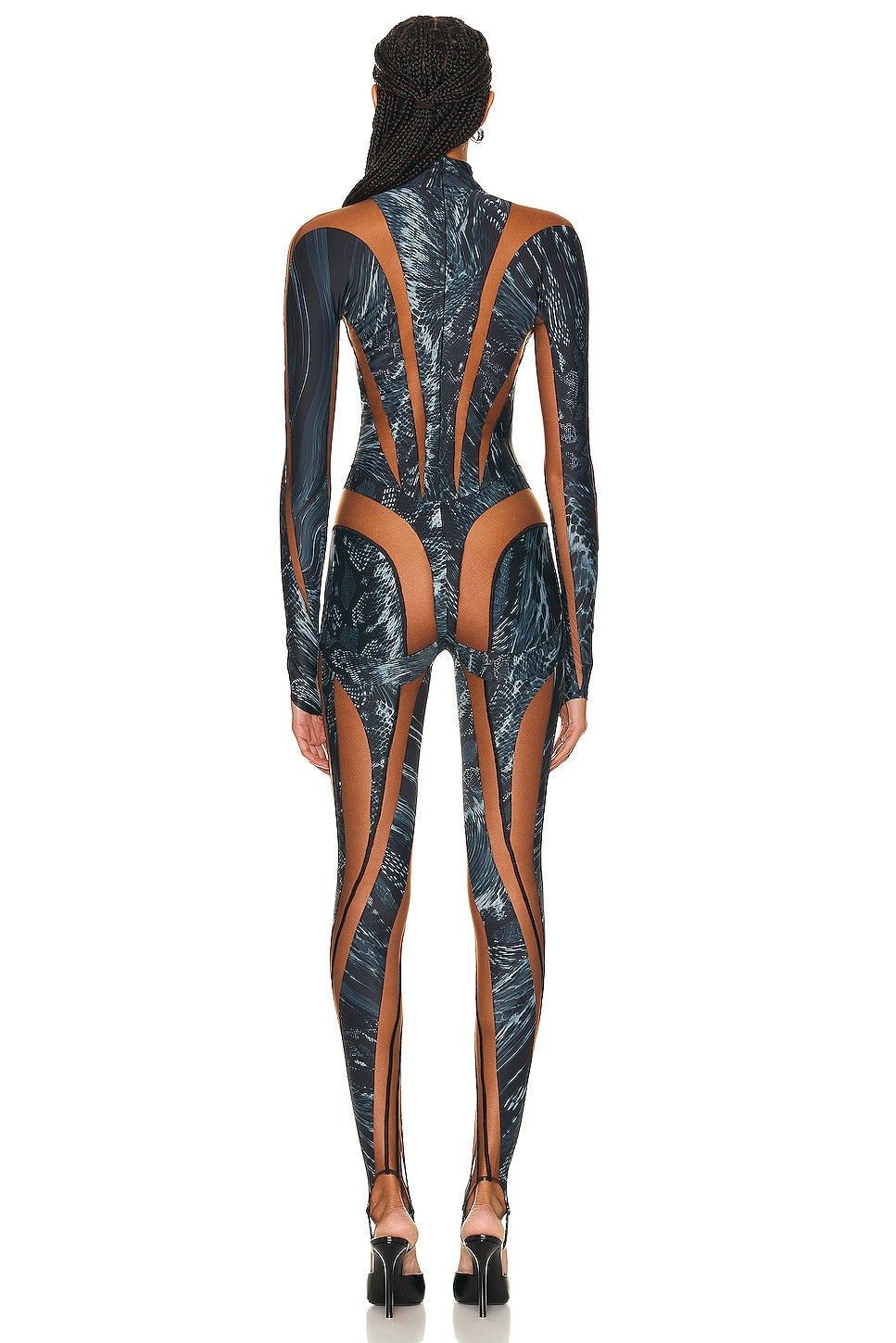 Mugler Long Sleeve Jumpsuit in Warped Snake Black & Nude