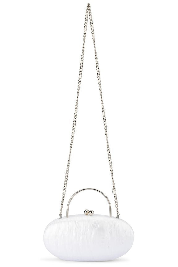 olga berg Imelda Top Handle Bag in White pearl oval hard case clutch shoulder