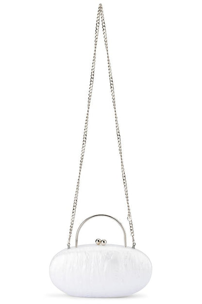 olga berg Imelda Top Handle Bag in White pearl oval hard case clutch shoulder