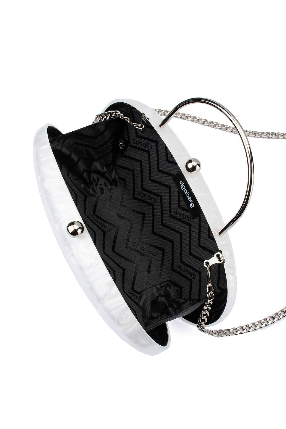 olga berg Imelda Top Handle Bag in White pearl oval hard case clutch shoulder