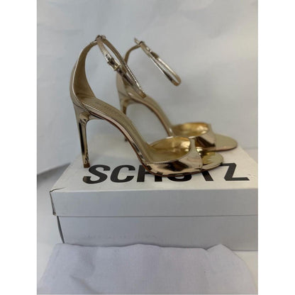 Schutz Scarlett Sandal in Platina almond toe high heel metallic gold open toe