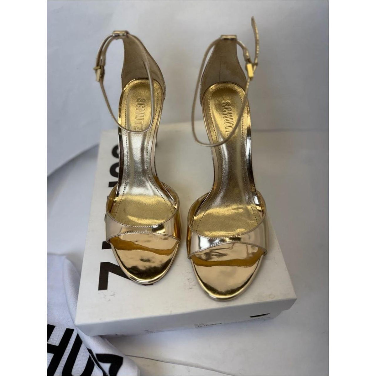 Schutz Scarlett Sandal in Platina almond toe high heel metallic gold open toe